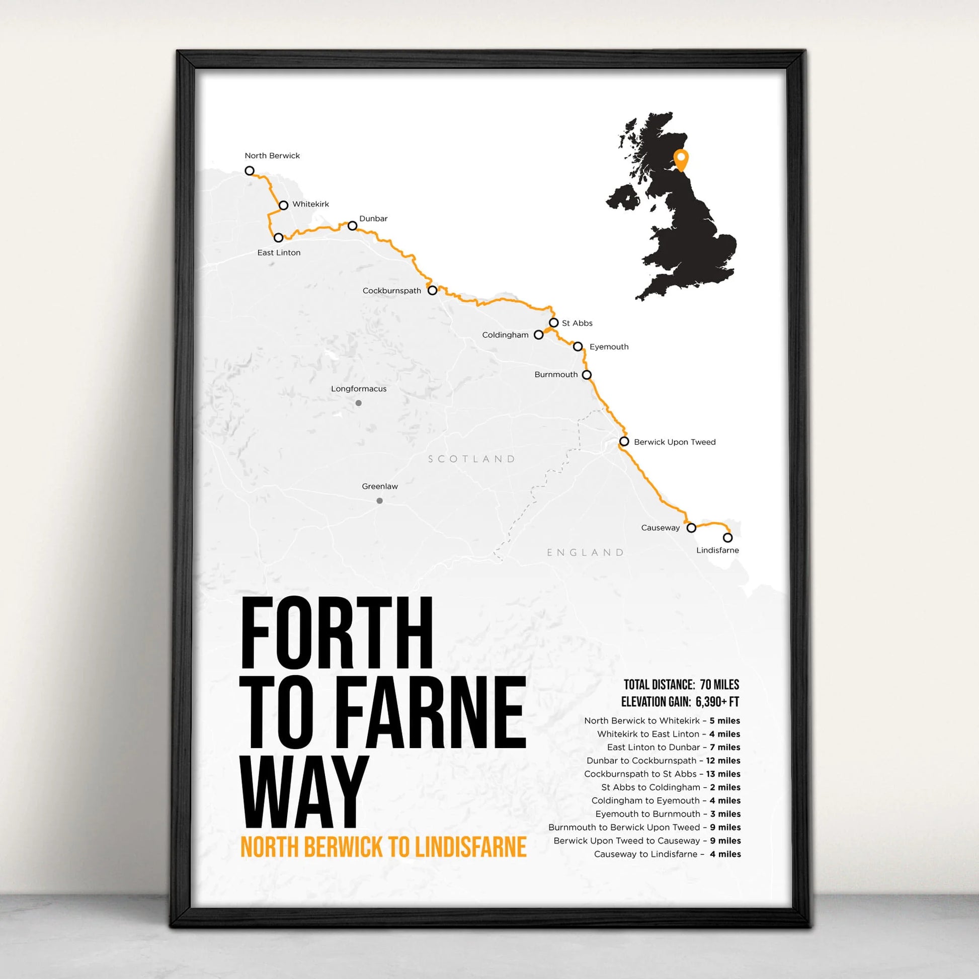 Forth to Farne Way Scottish and English Trail Map Art Print in orange from Purest Green Prints.
