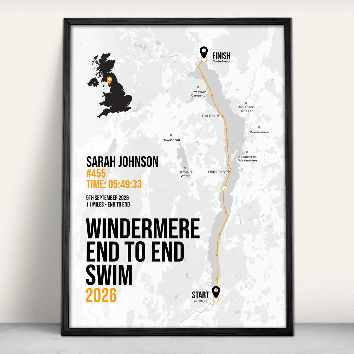Lake Windermere end to end swim Personalised Art Print in orange from Purest Green Prints