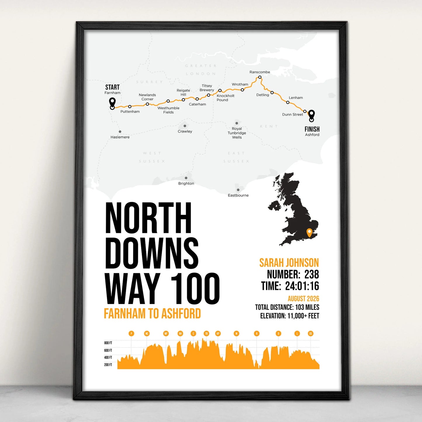 North Downs Way 100 Personalised Art Print in orange from Purest Green Prints