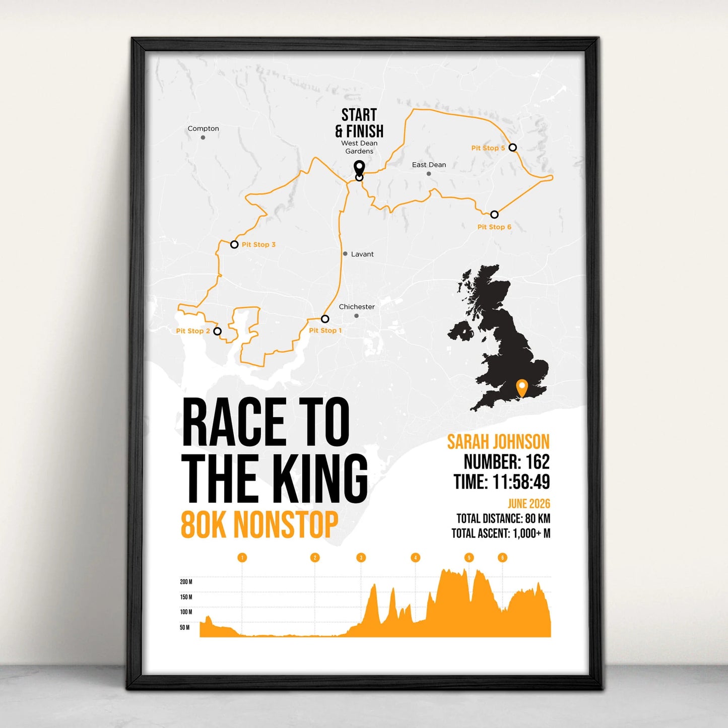 Race to the King 80 Ultra Personalised Art Print in orange from Purest Green Prints