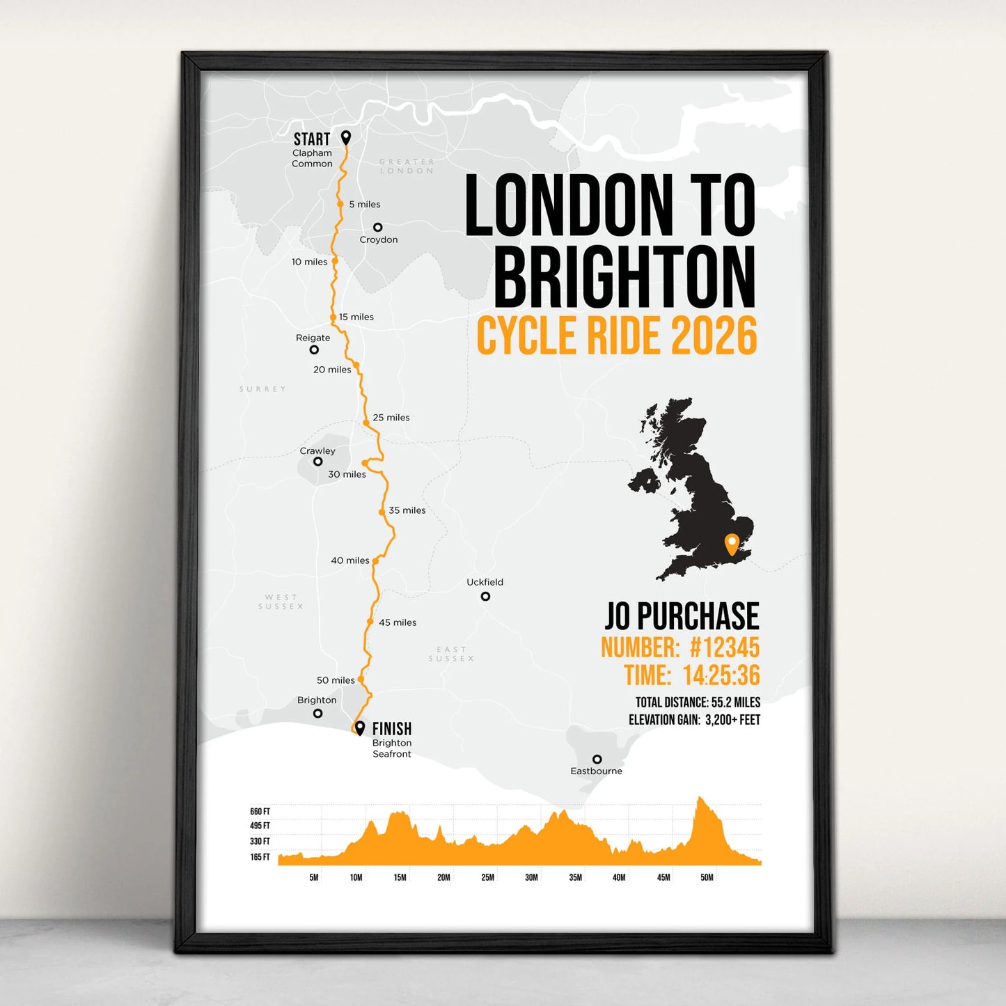 Personalised London to Brighton Cycle Art Print in orange from Purest Green Prints