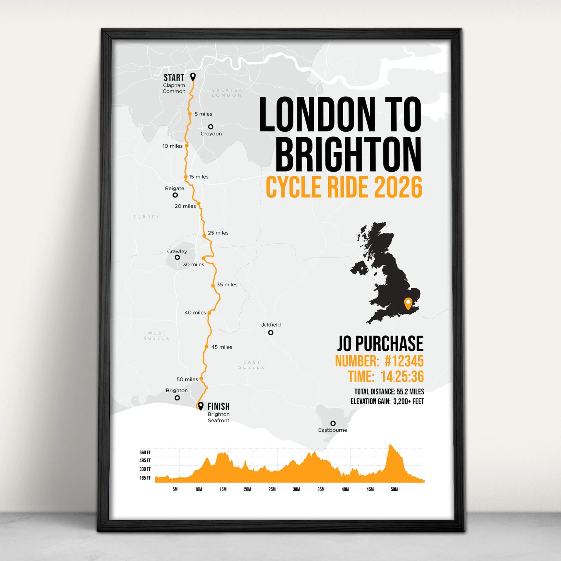 Personalised London to Brighton Cycle Art Print in orange from Purest Green Prints