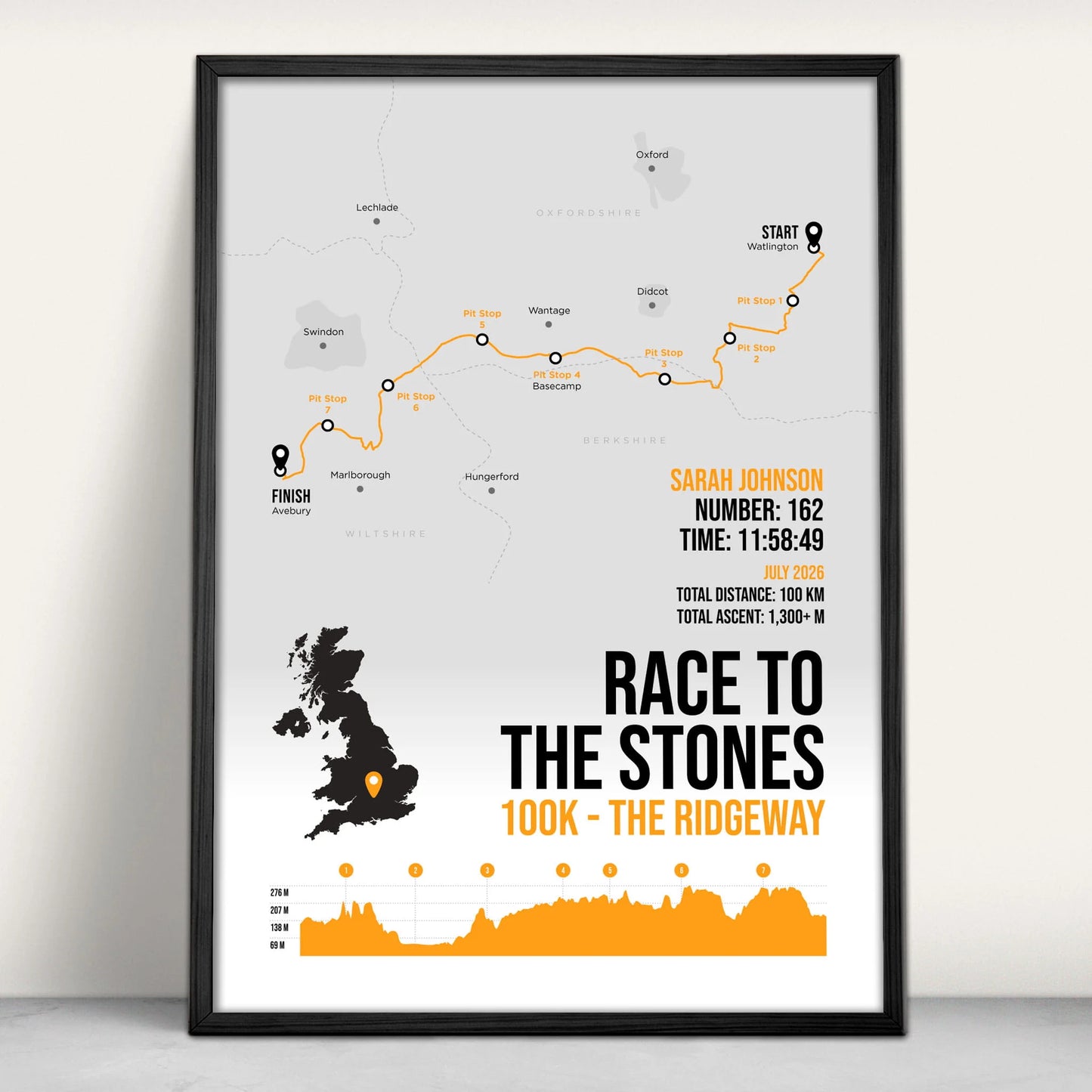 Race to the Stones 100 Ultra Personalised Art Print in orange from Purest Green Prints