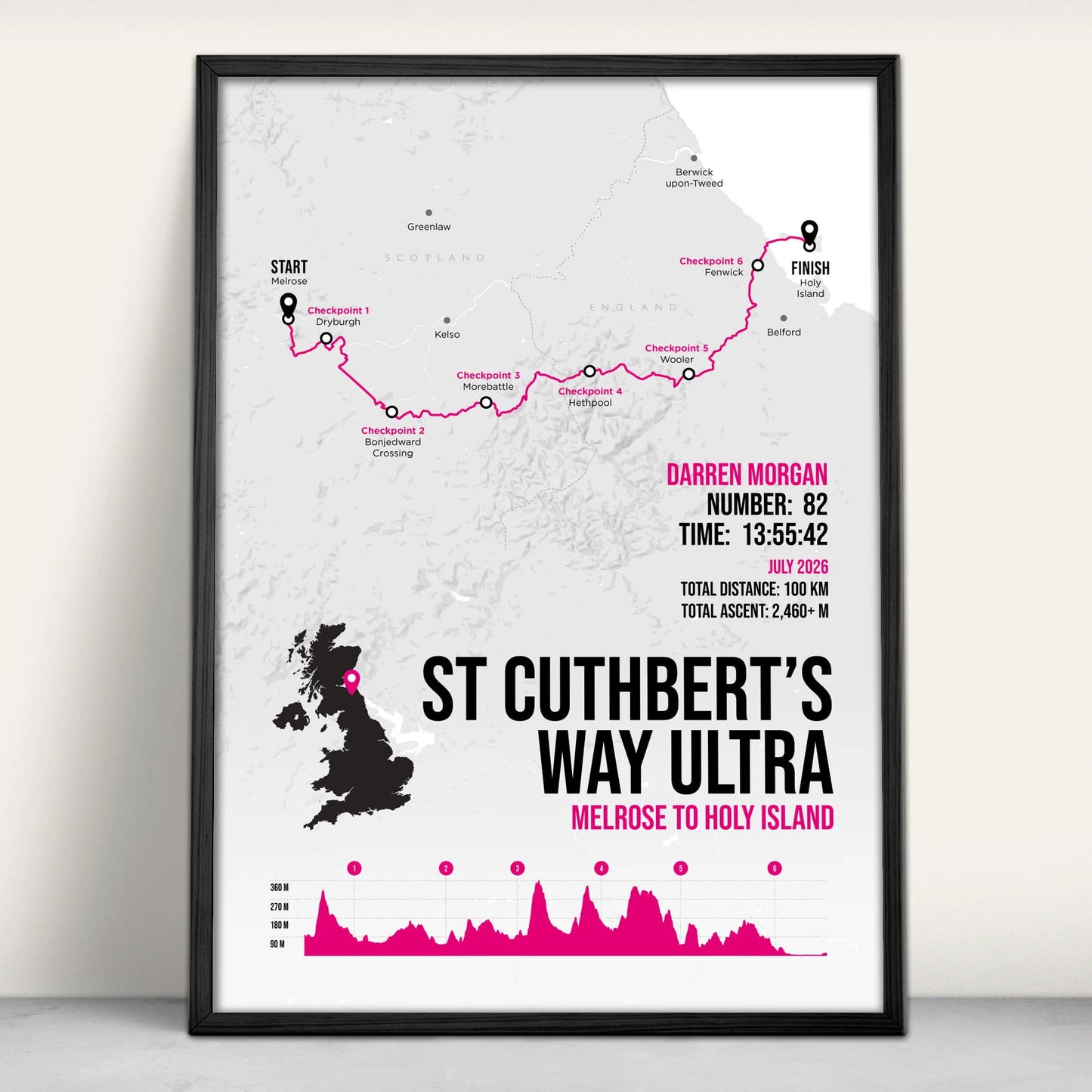 St Cuthbert's Way Ultra Personalised Art Print in pink from Purest Green Prints