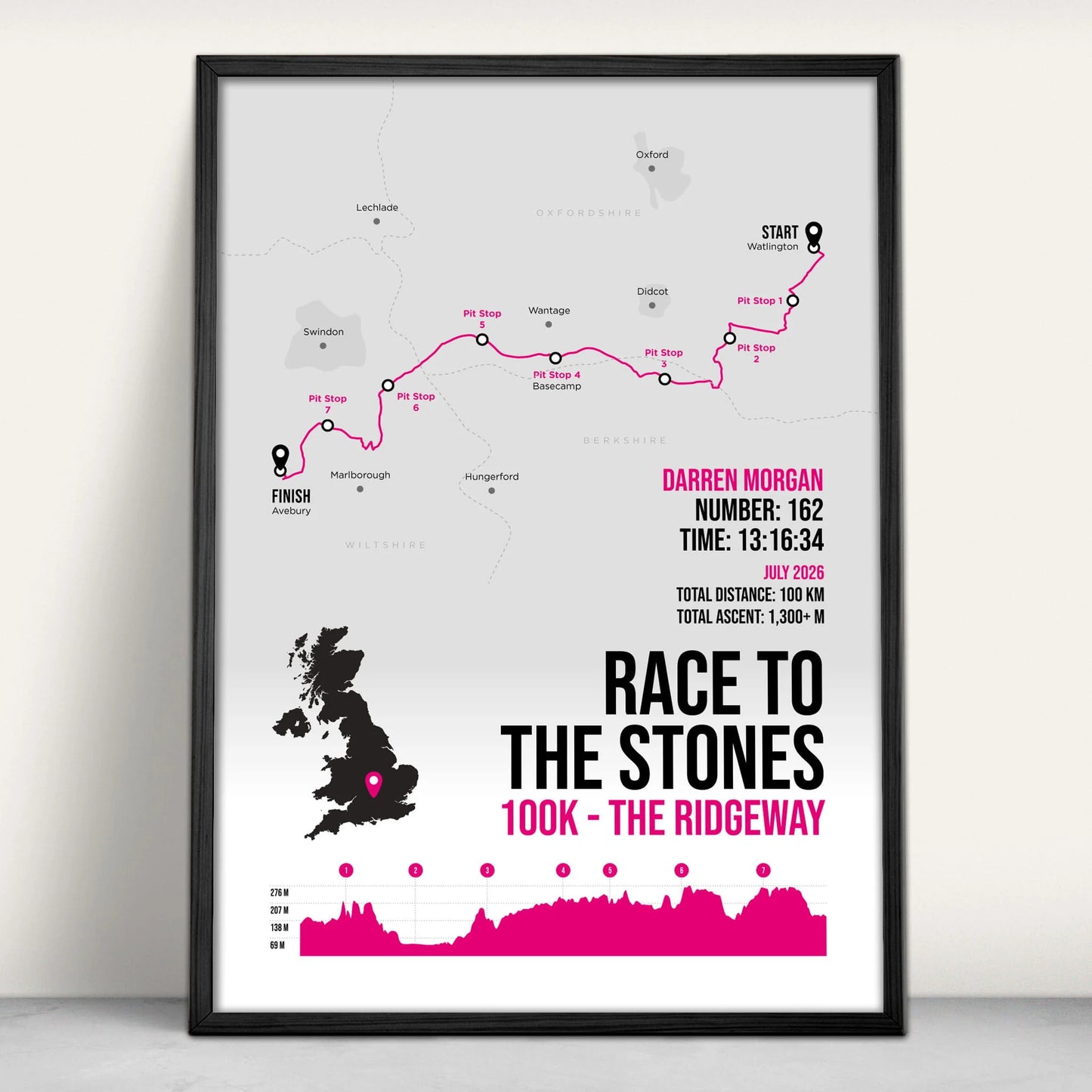 Race to the Stones 100 Ultra Personalised Art Print in pink from Purest Green Prints