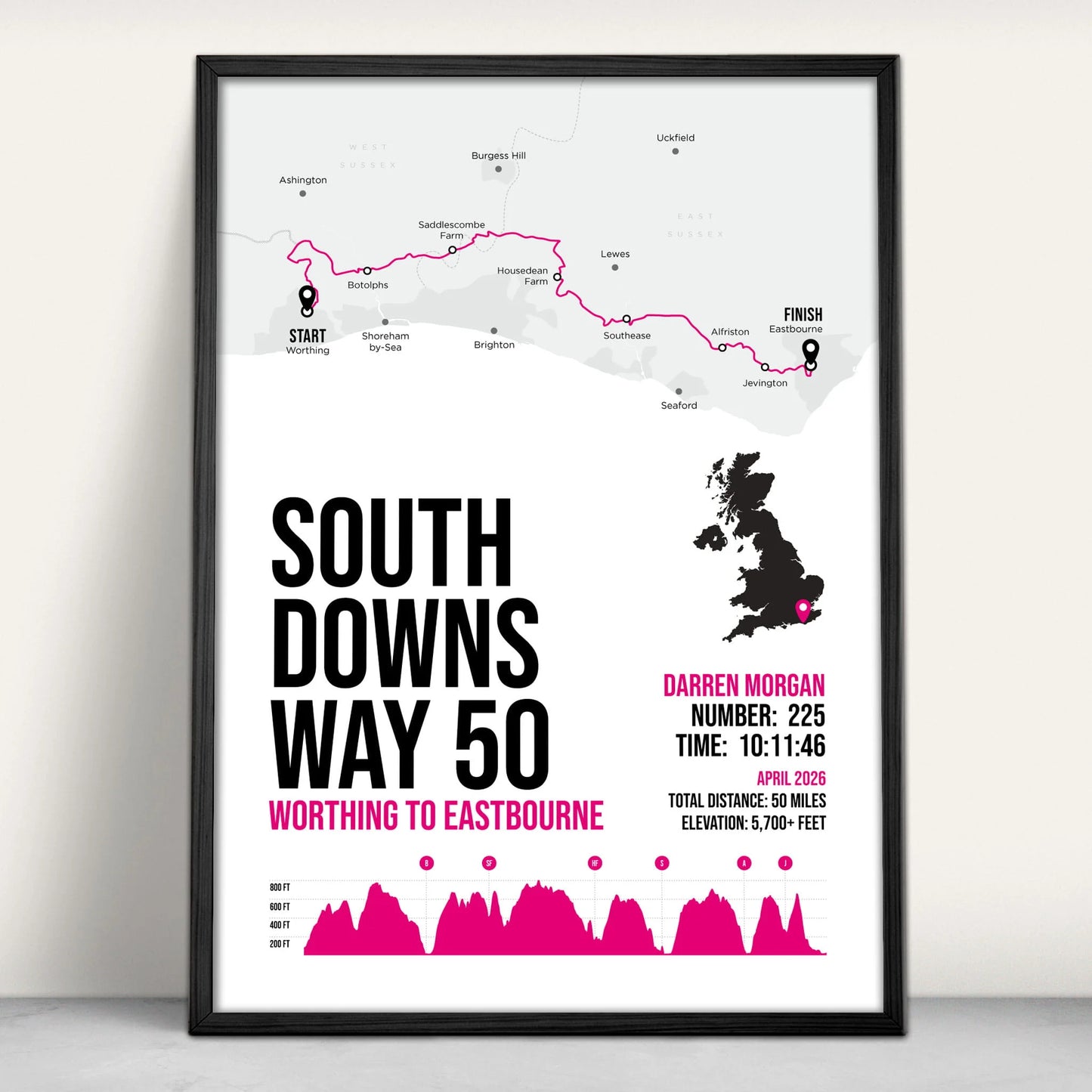 South Downs Way 50 Personalised Art Print in pink from Purest Green Prints