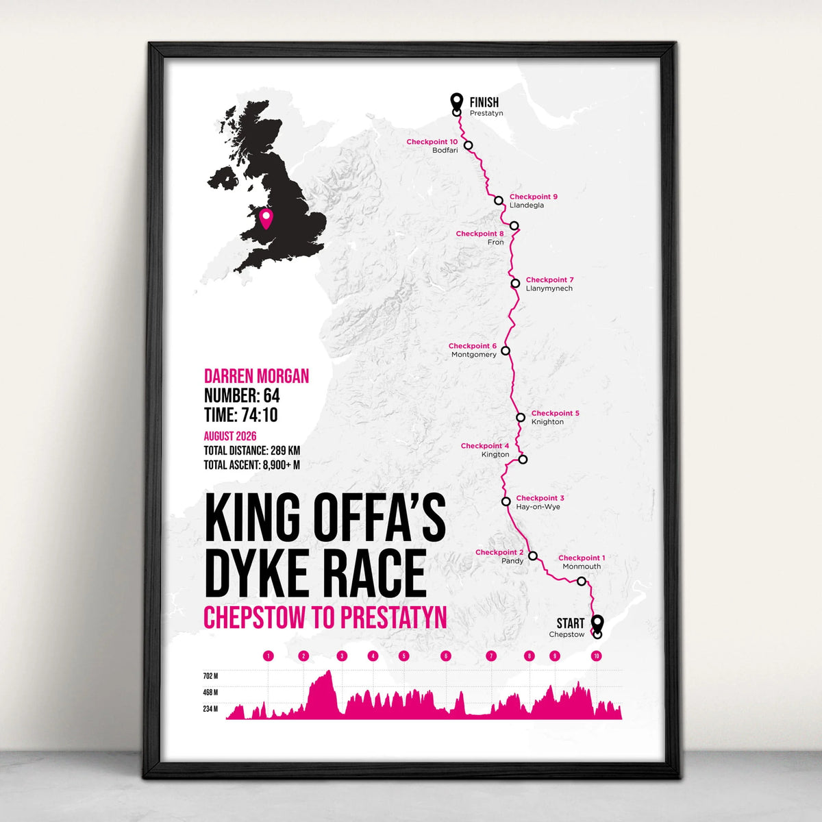 Personalised King Offa's Dyke Race Art Print in pink from Purest Green Prints