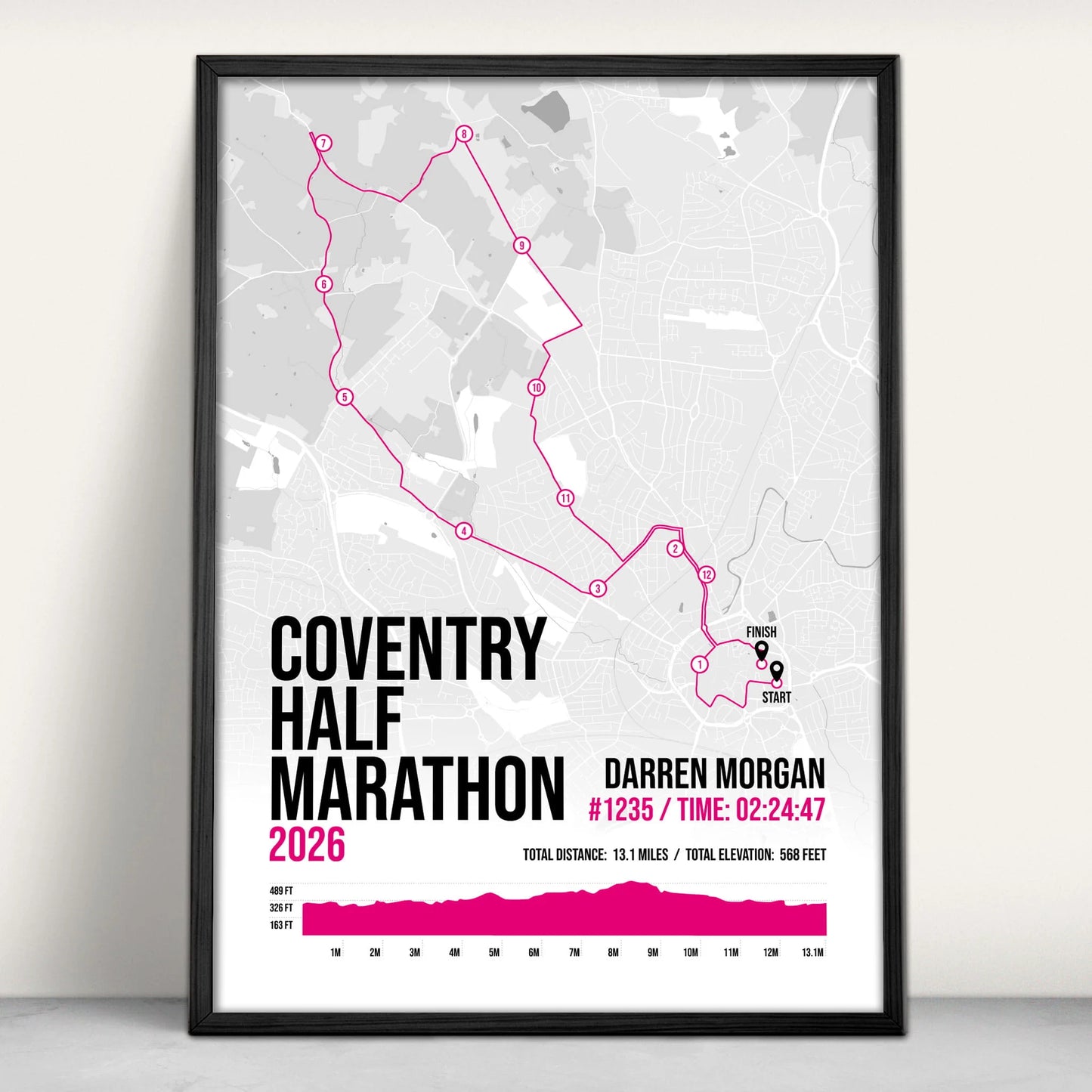 Personalised Coventry Half Marathon Art Print in pink from Purest Green Prints.