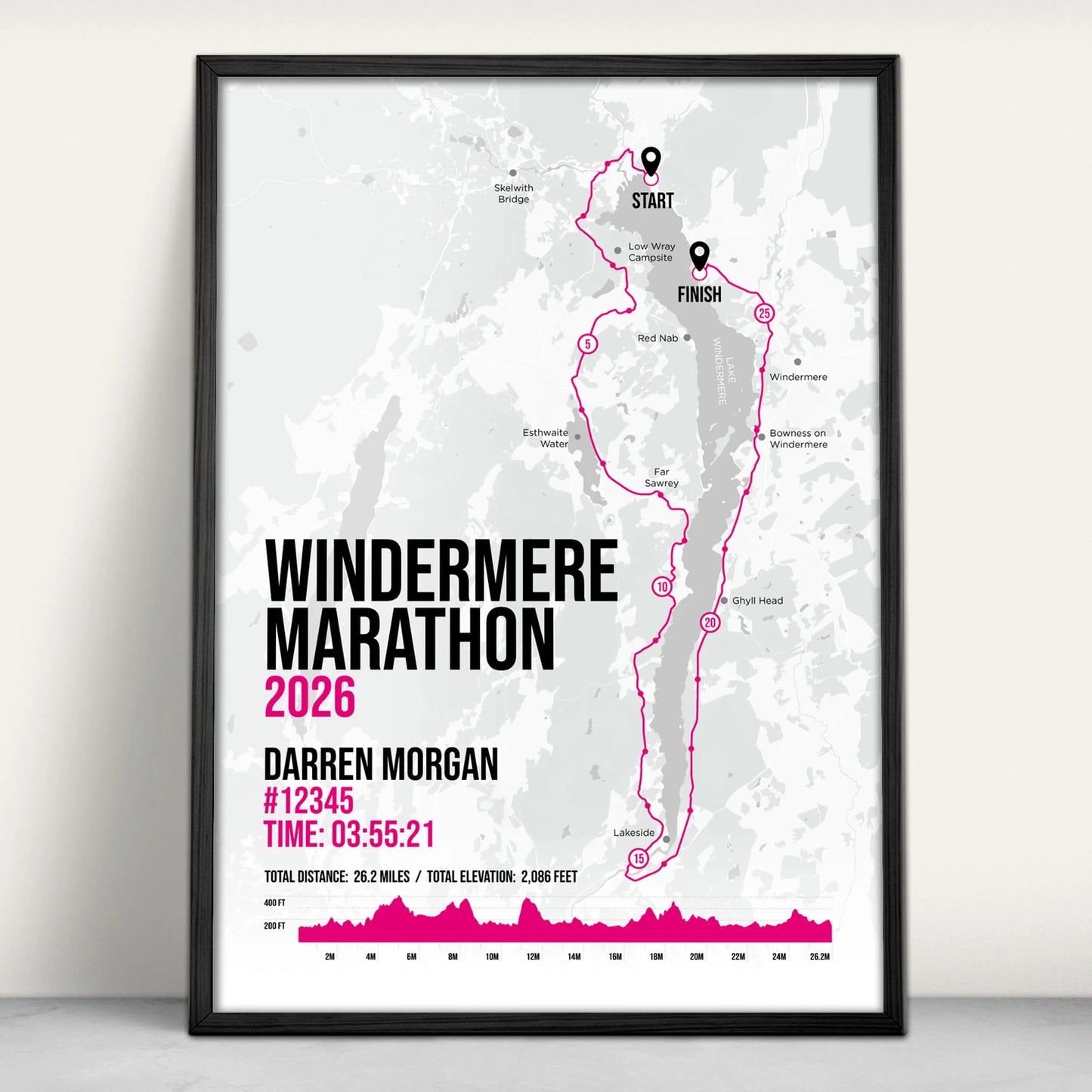 Lake Windermere Marathon Personalised Art Print in pink from Purest Green Prints