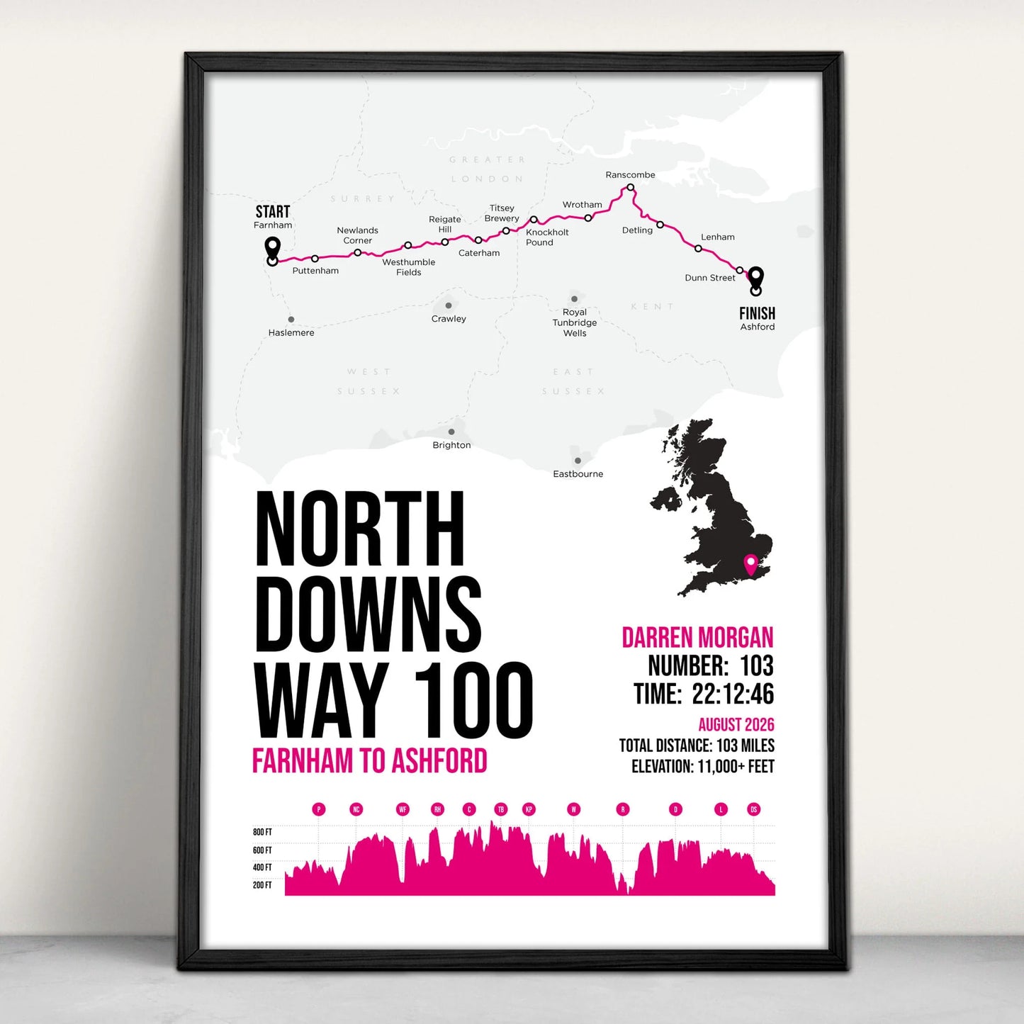 North Downs Way 100 Personalised Art Print in pink from Purest Green Prints