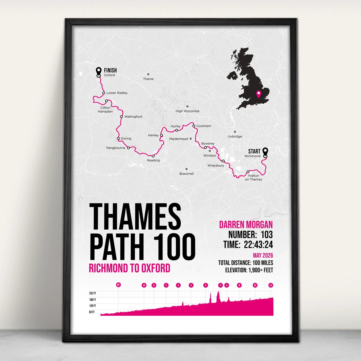 Thames Path 100 Personalised Art Print in pink from Purest Green Prints