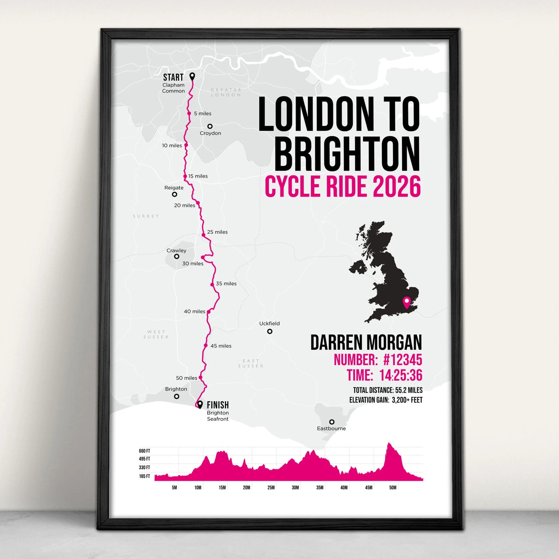 Personalised London to Brighton Cycle Art Print in pink from Purest Green Prints