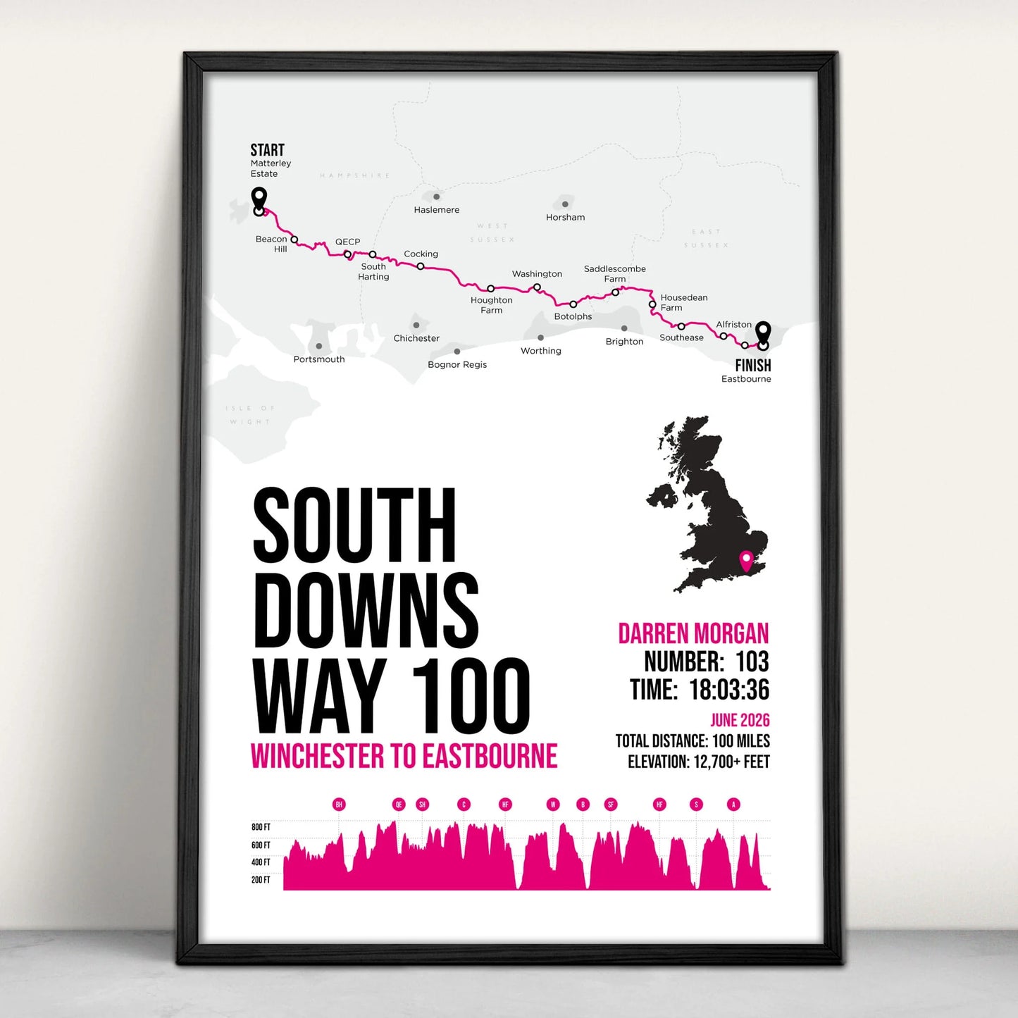 South Downs Way 100 Personalised Art Print in pink from Purest Green Prints