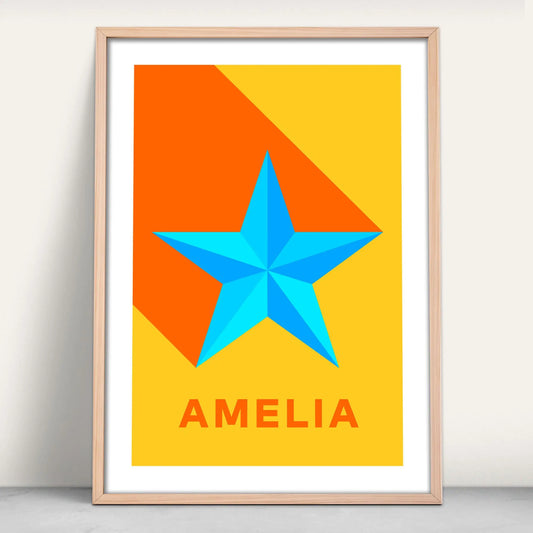 Personalised name star print in yellow, blue and orange from Purest Green Prints