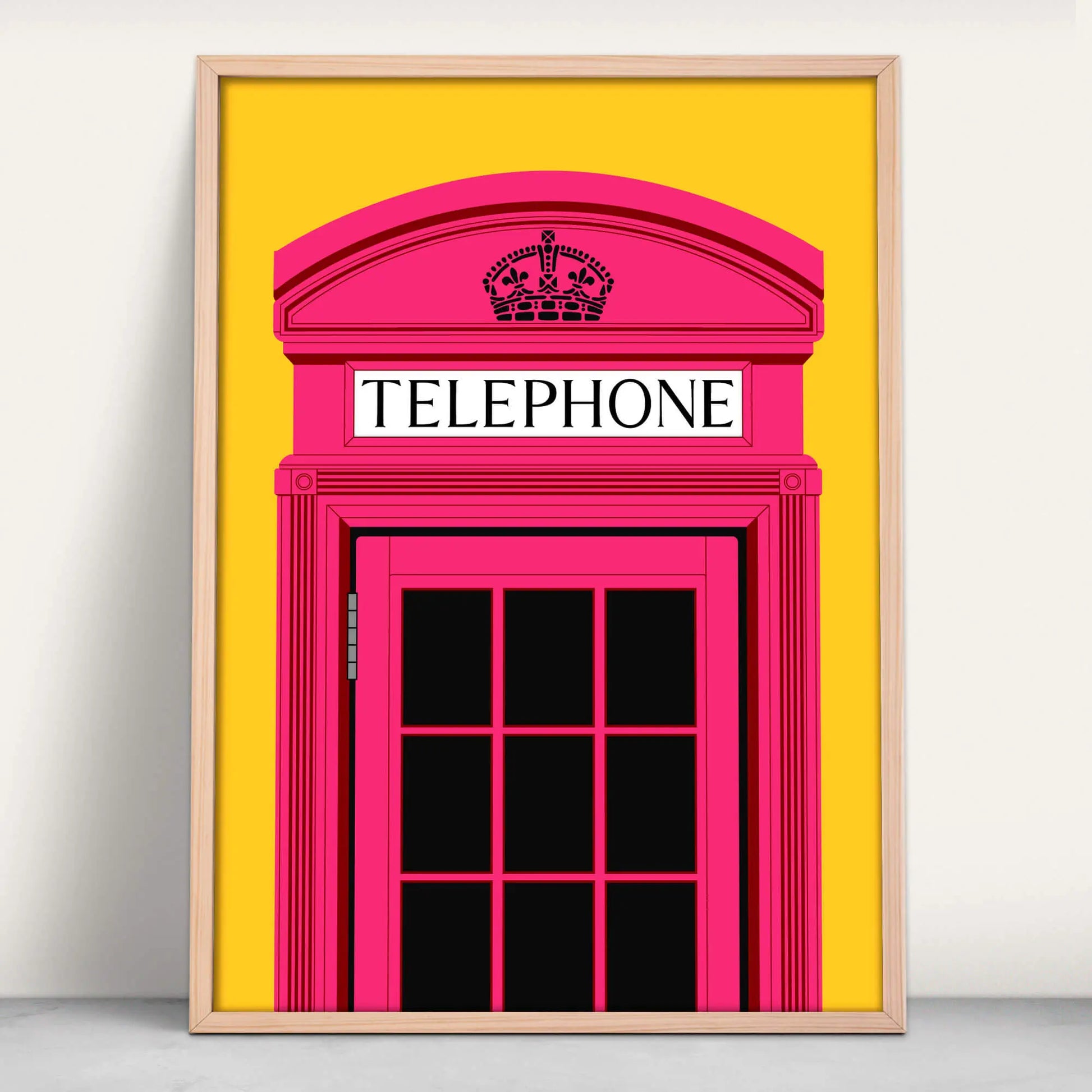 UK Telephone Box Art Print in yellow and pink from Purest Green Prints