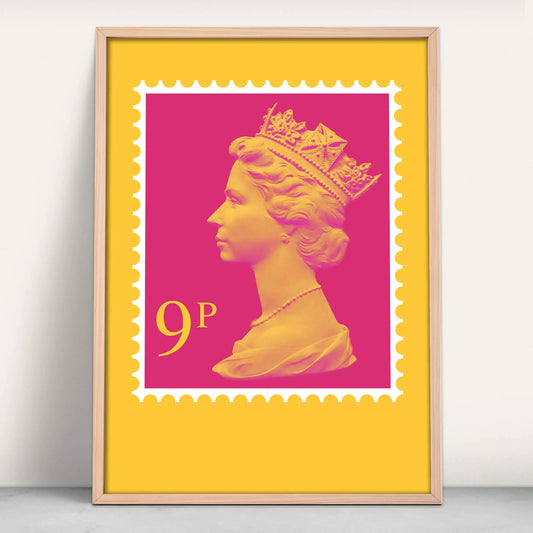 Queen Elizabeth II UK Postage Stamp Art Print in pink and yellow from Purest Green Prints