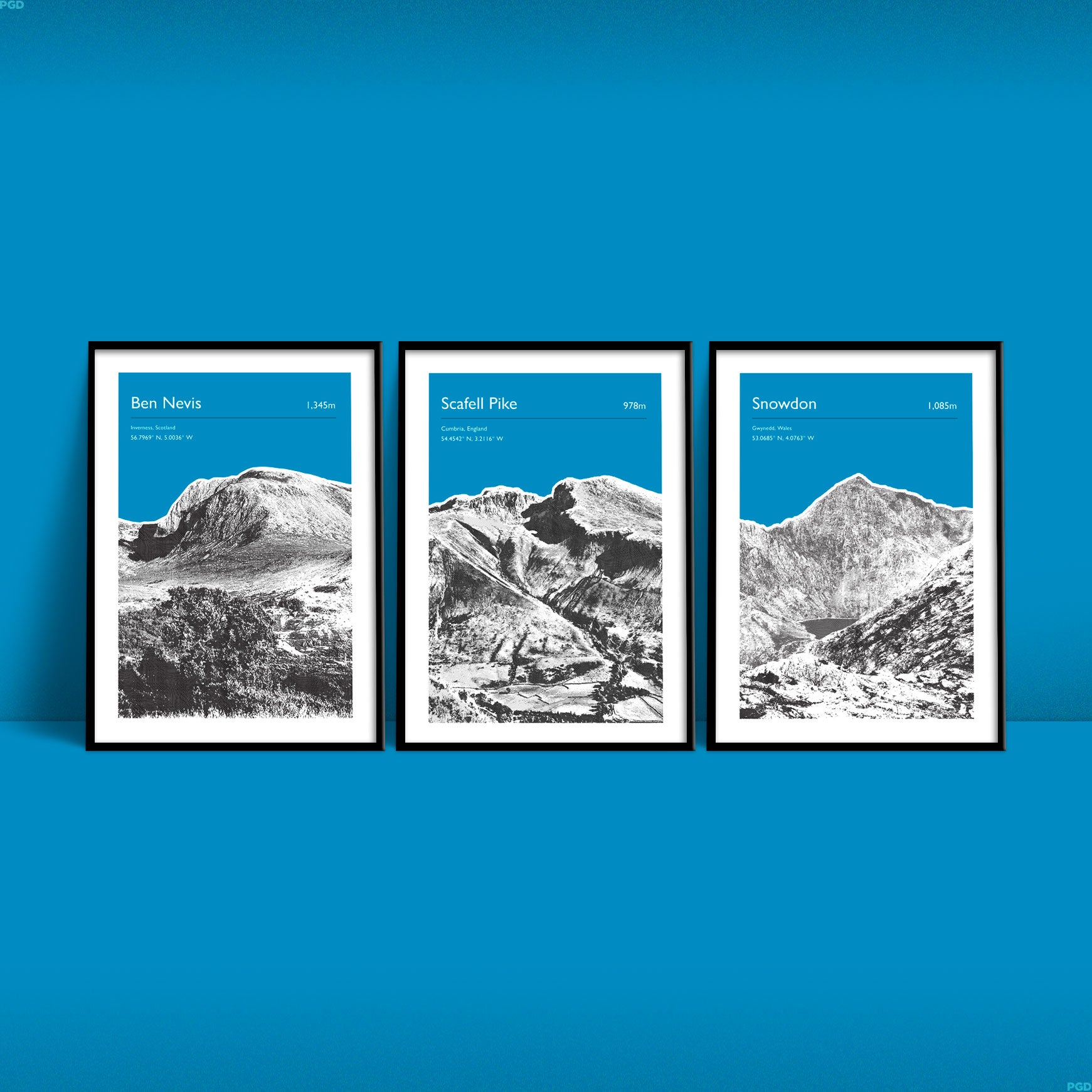 Set of Three National Three Peaks Challenge personalised prints including Ben Nevis, Scafell Pike and Snowdon - Blue Edition