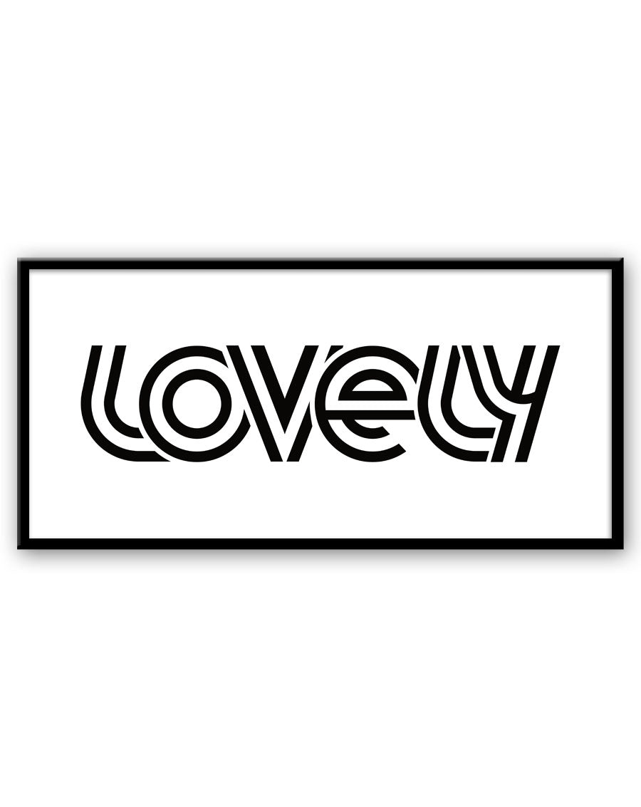 Black and white line lettering displaying the word lovely, all the letters are overlapping one another