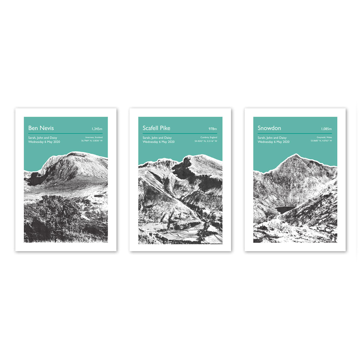 Three prints side by side showing a black and white pictures of Ben Nevis, Scafell Pike and Snowdon. These prints are in green.