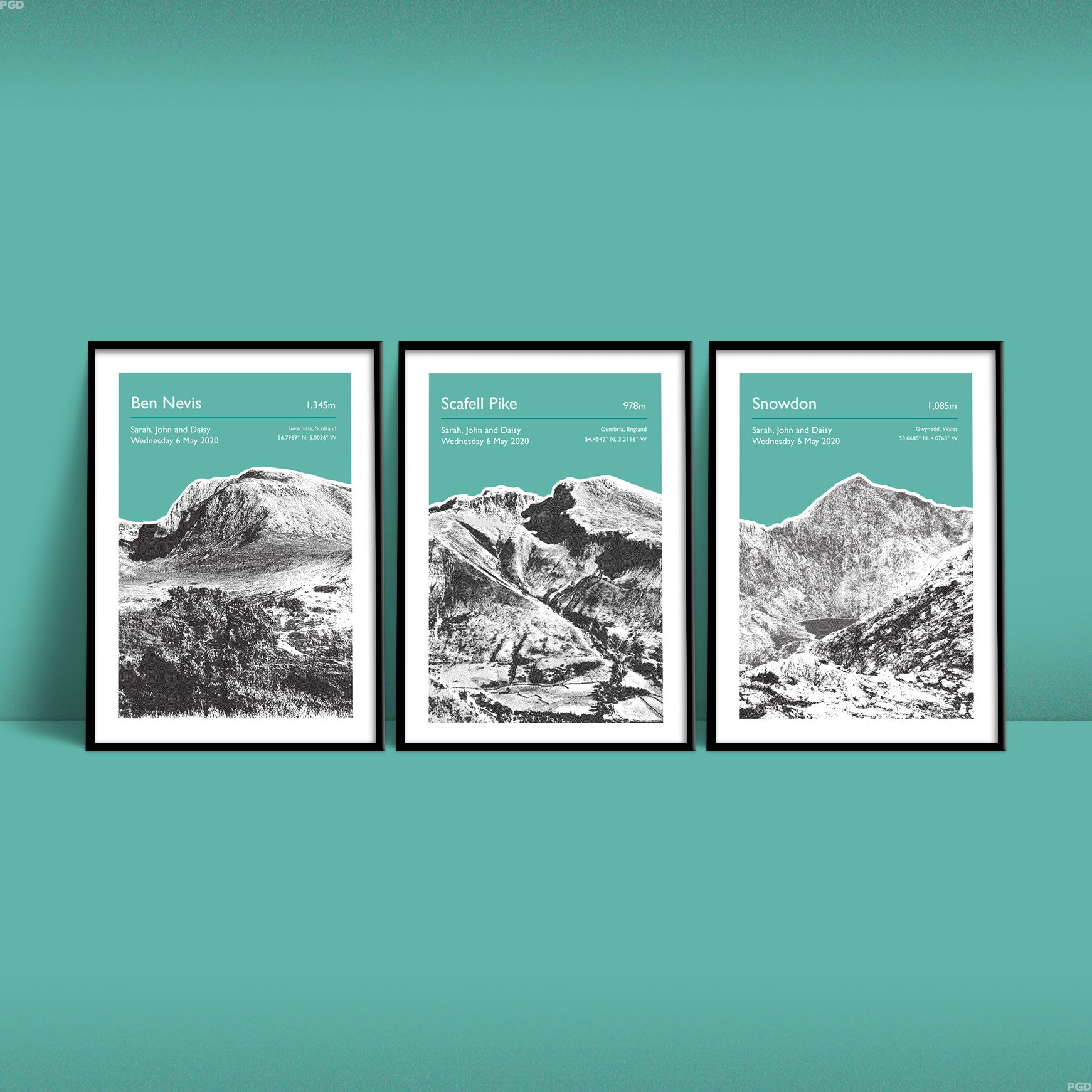 Set of Three National Three Peaks Challenge personalised prints including Ben Nevis, Scafell Pike and Snowdon - Green Edition