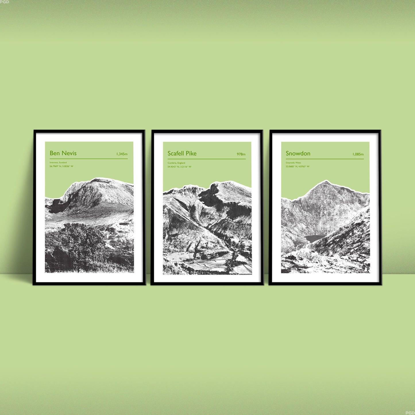 Set of Three National Three Peaks Challenge personalised prints including Ben Nevis, Scafell Pike and Snowdon - Lime Green Edition