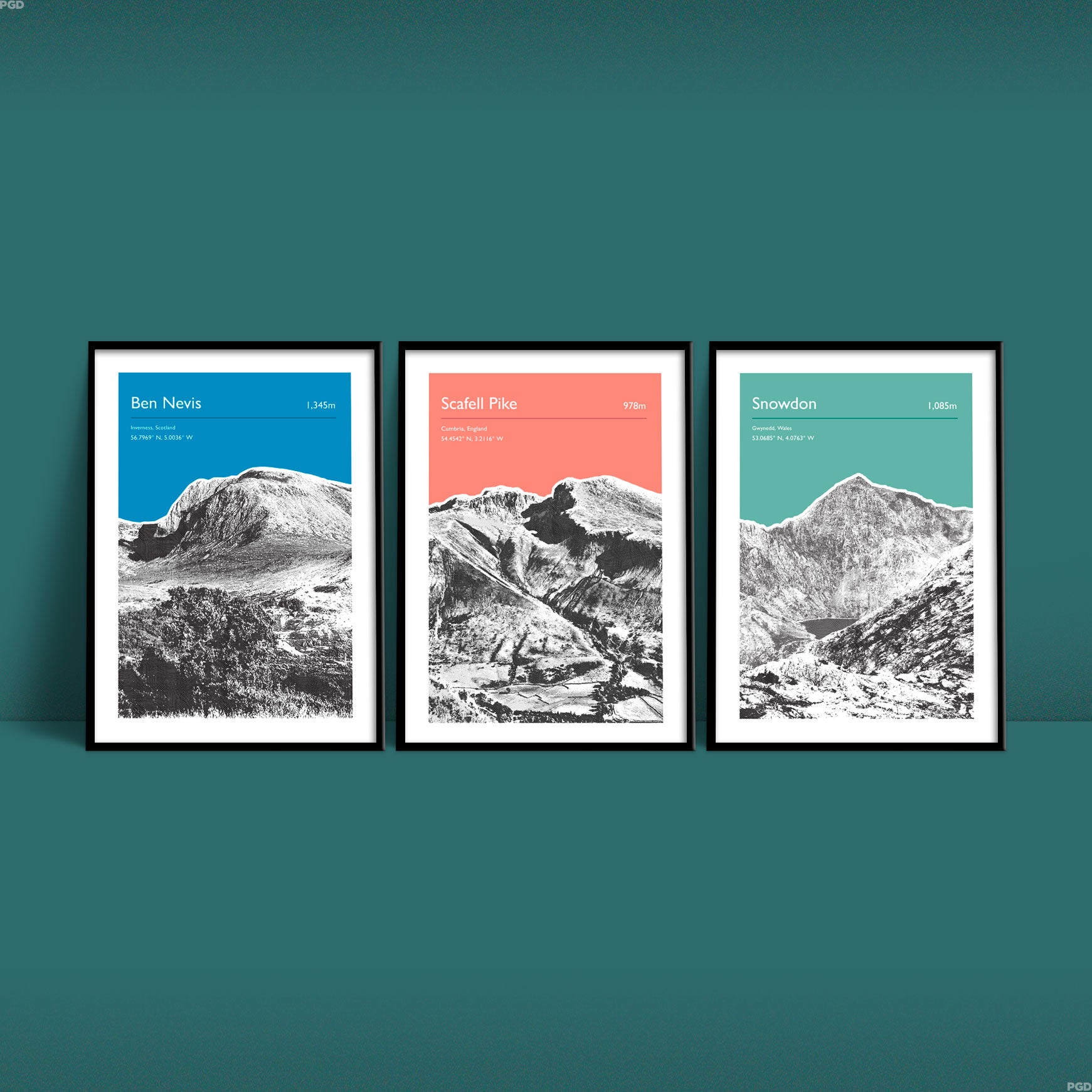 Set of Three National Three Peaks Challenge personalised prints including Ben Nevis, Scafell Pike and Snowdon - Mixed Editions