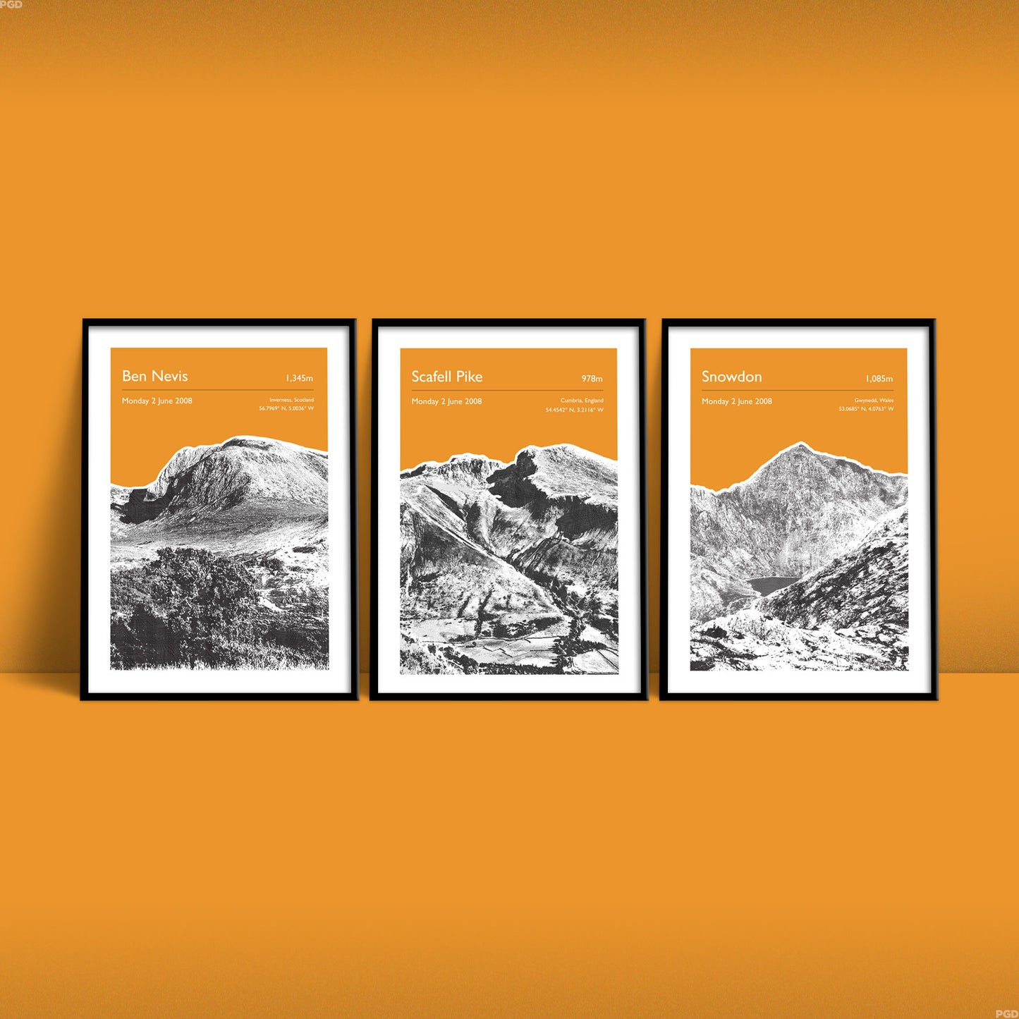 Set of Three National Three Peaks Challenge personalised prints including Ben Nevis, Scafell Pike and Snowdon - Orange Edition