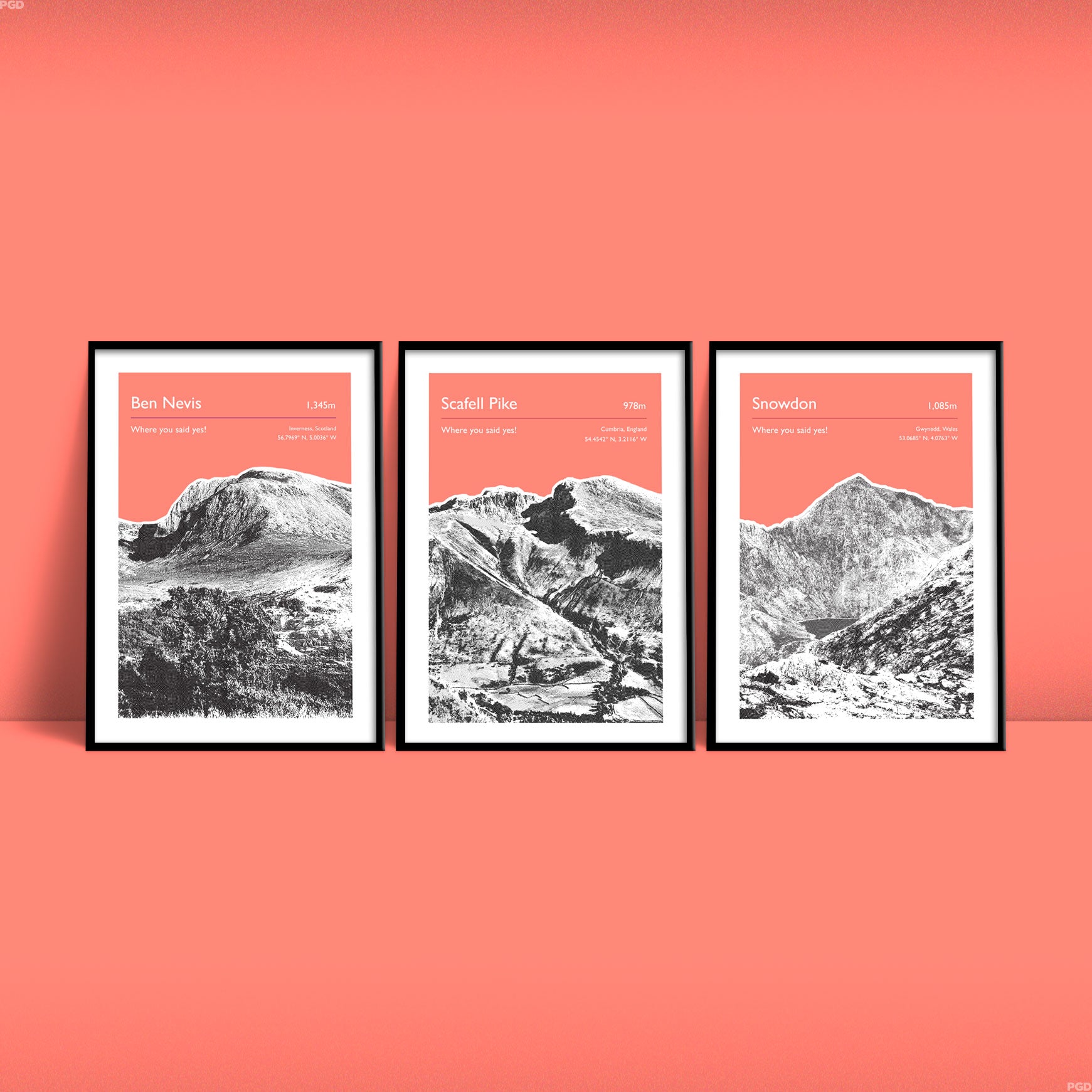 Set of Three National Three Peaks Challenge personalised prints including Ben Nevis, Scafell Pike and Snowdon - Pink Edition