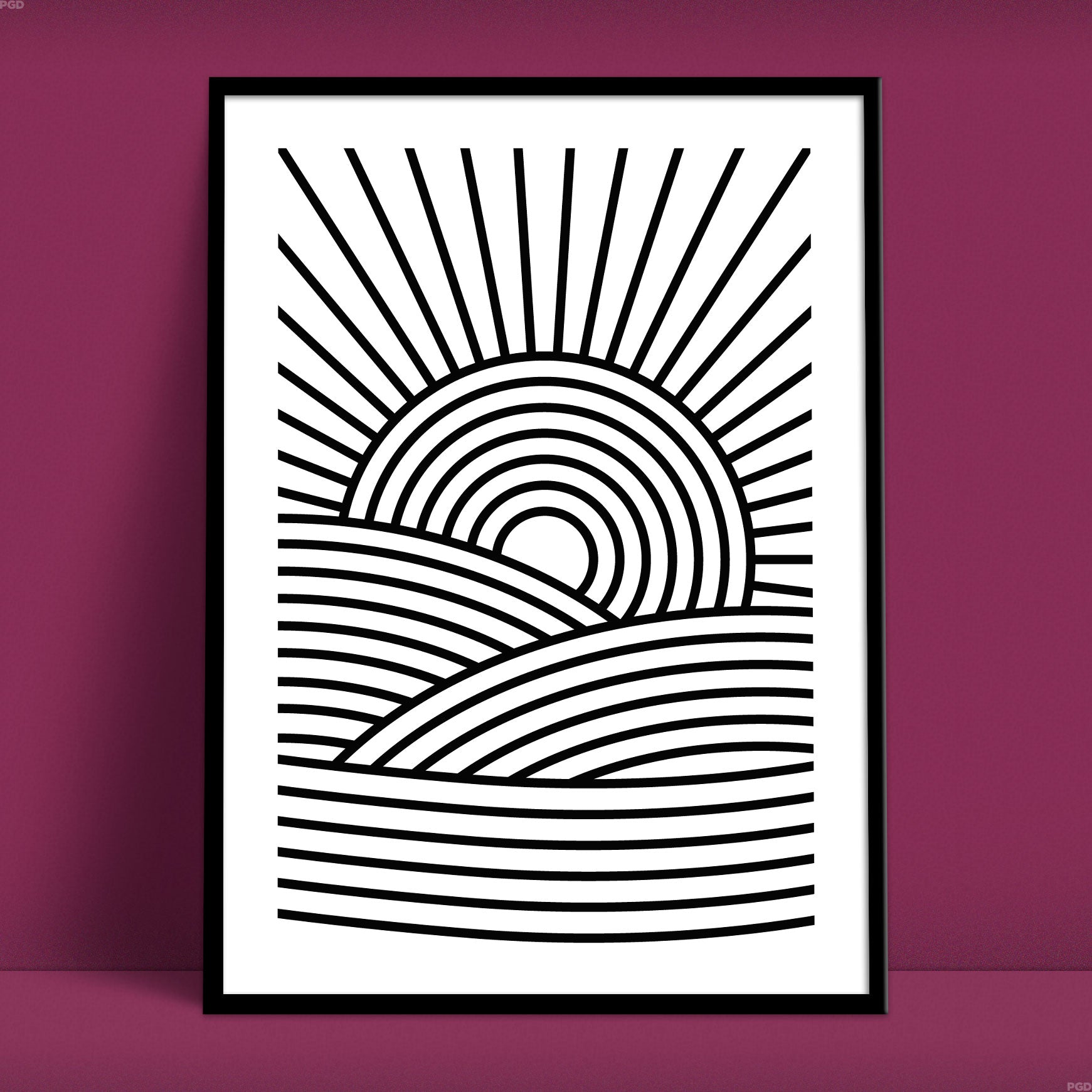 Abstract mono line art print of a rising sun.