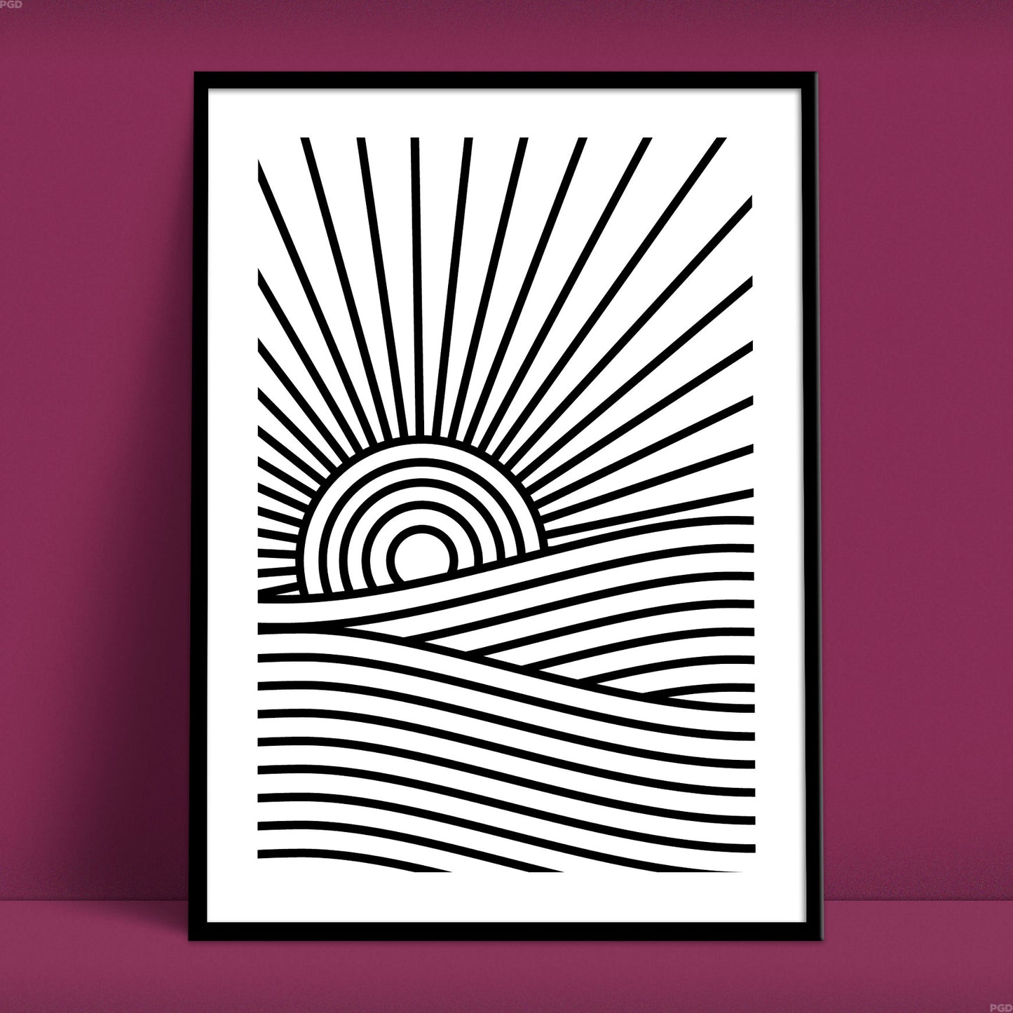 Abstract mono line print of a setting sun over the sea.