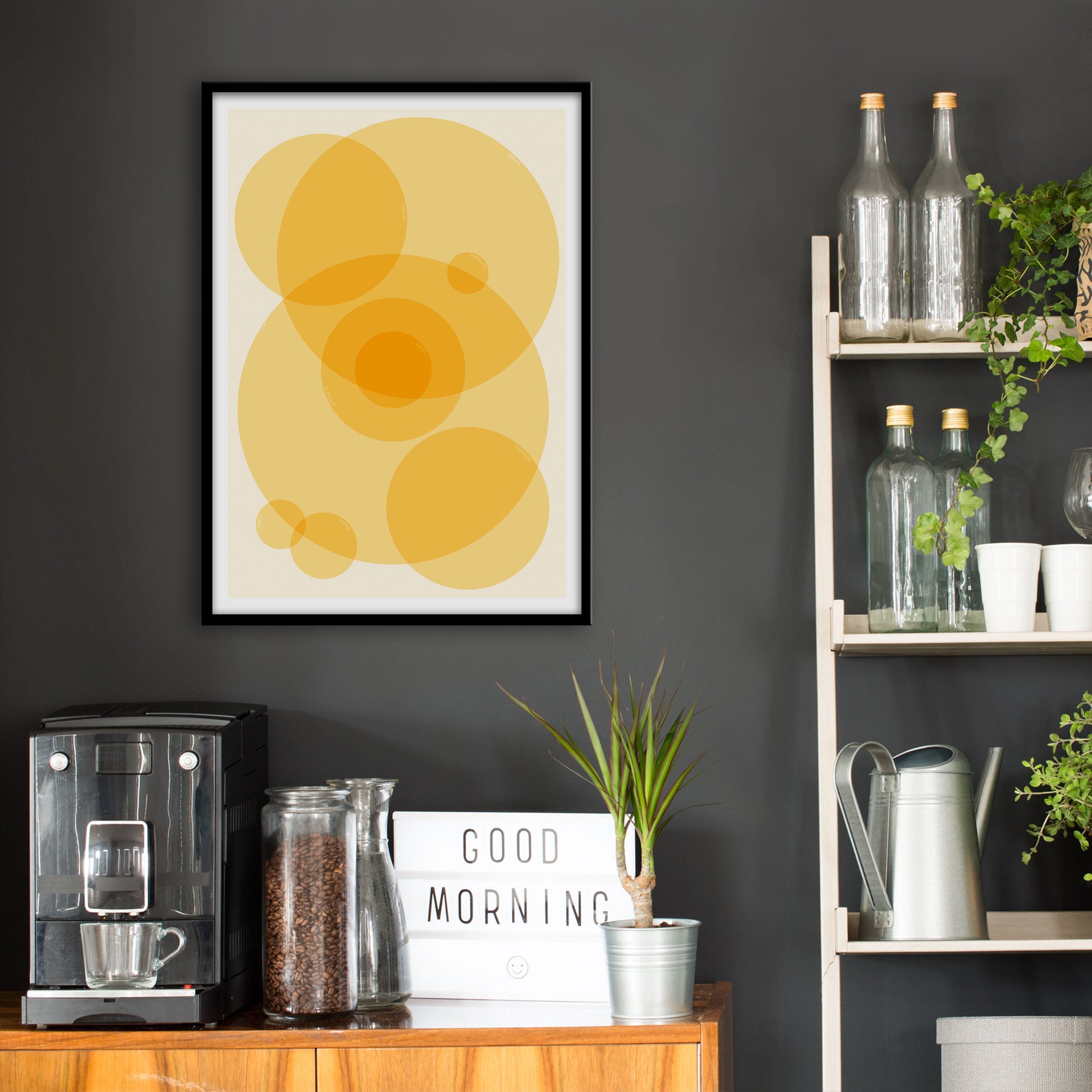 Kitchen wall infront of which is a sideboard with a coffee machine and a set of shelves holding bottles and plants. On the wall above the sideboard is the framed print in a black frame on a dark grey wall.